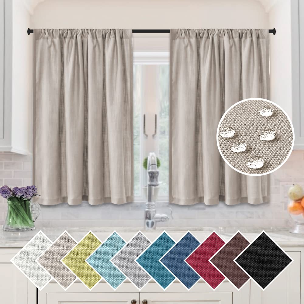 H.VERSAILTEX 36 Inch Linen Kitchen Curtains Set of 2 Panels - Waterproof Window Treatment for Bathroom & Bedroom, Energy Efficient Privacy Shade in Taupe - Perfect for Home Decor, Sun Protection and Room Darkening