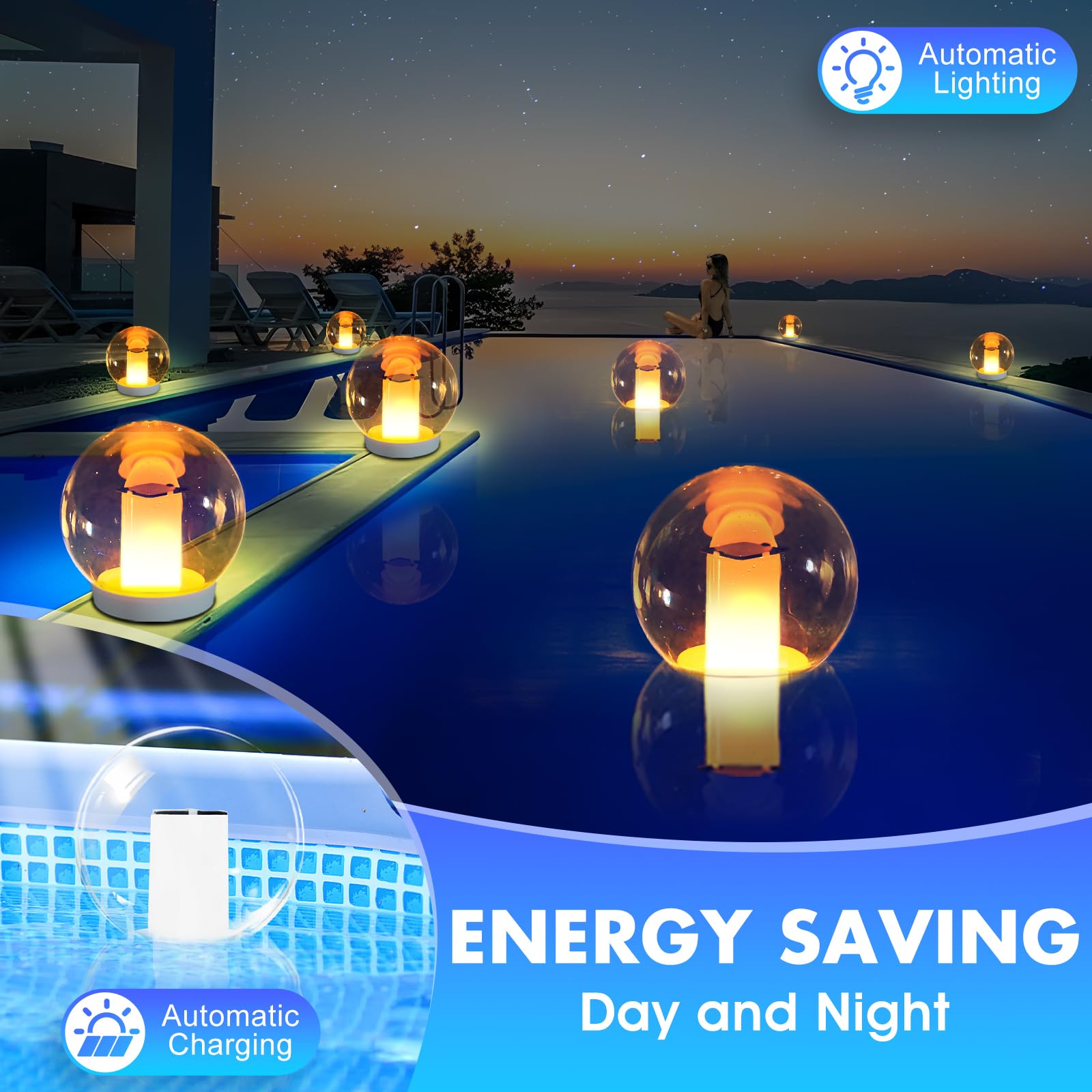 Solar Powered Floating Pool Lights - IP68 Waterproof Flickering Flame LED Ball Lights for Outdoor Decoration (2 Pack) - Perfect for Swimming Pools, Garden Ponds, Backyard Parties, and Landscape Lighting