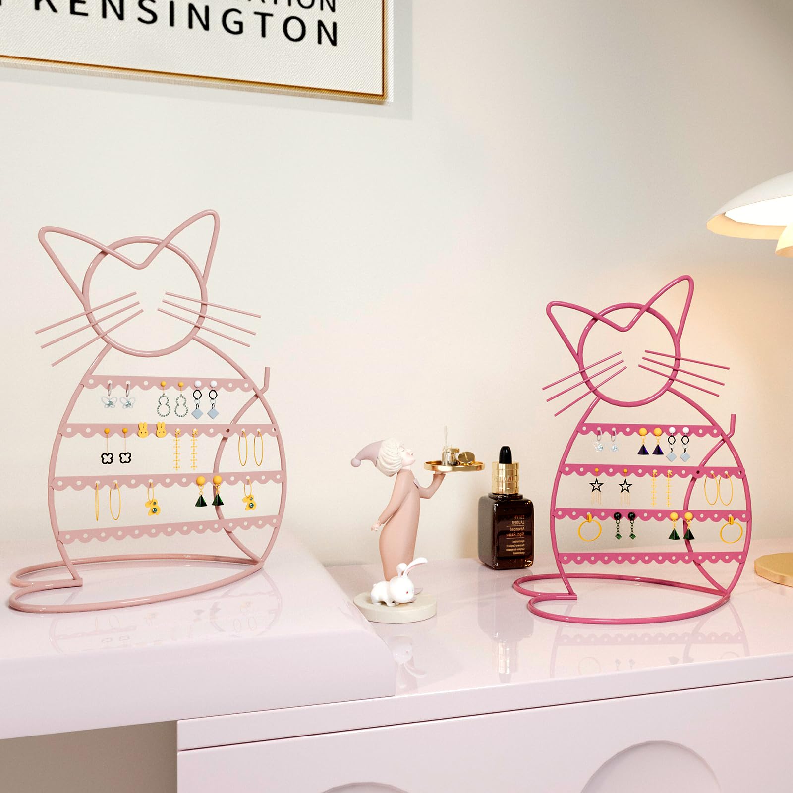 Stylish Pink Metal Cat-Shaped Jewelry Organizer Stand - 48 Stud Earring Holder & Display Vanity Tray for Women - Perfect for Bedroom Dresser, Bathroom Counter & Gift Giving