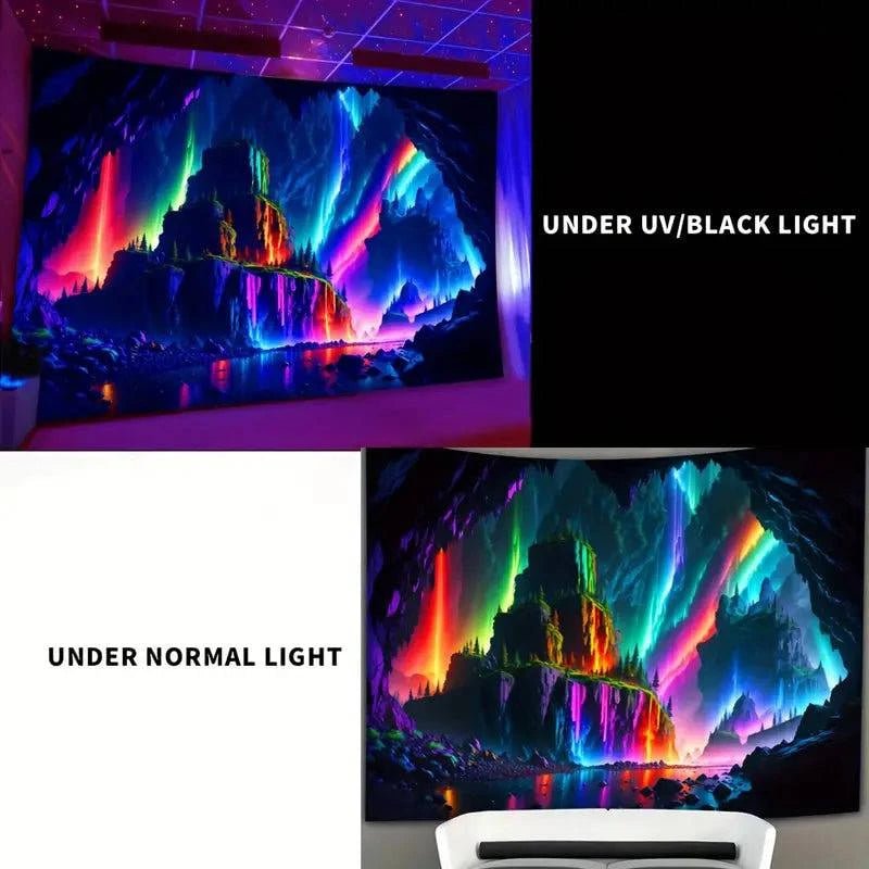 UV Glow Cave Landscape Tapestry Wall Art - Blacklight Reactive Home Decor for Bedroom, Living Room & Dorm