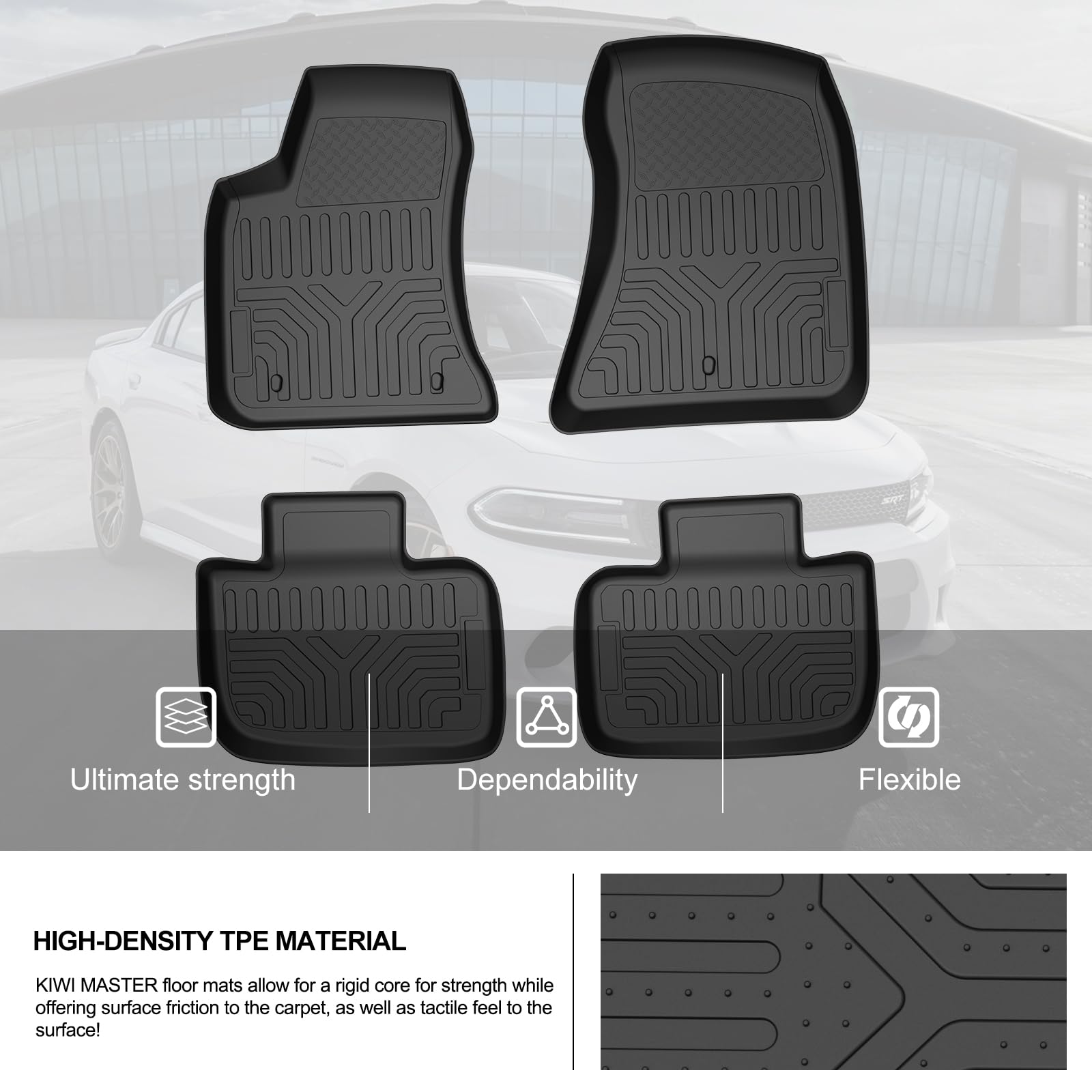 KIWI MASTER Custom Fit All-Weather Floor Mats for 2011-2023 Dodge Charger RWD & Chrysler 300 RWD - TPE Slush Liners Set (Front & Rear, 2 Rows, Black) - Perfect for Winter Snow, Mud, and Everyday Protection