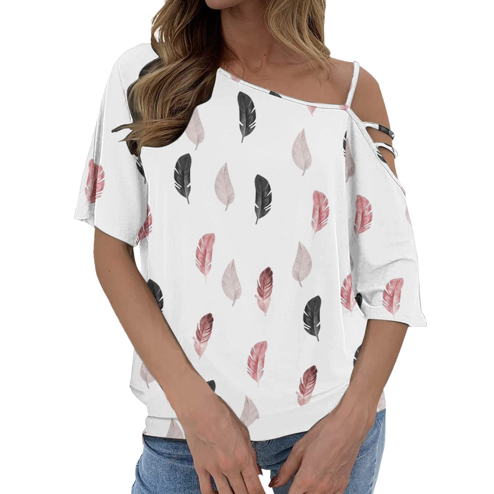 Women's Summer Off Shoulder T-Shirt - Casual Short Sleeve Strappy Tunic Top for Beach, Vacation & Everyday Wear (White, XXL)