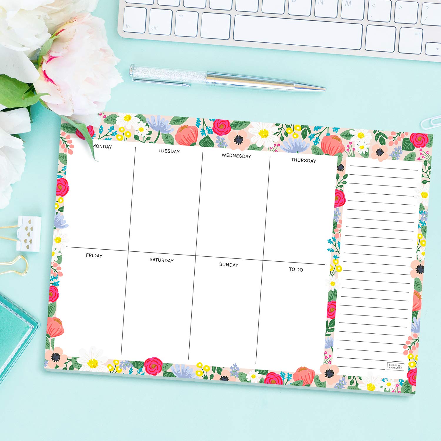 Sweetzer & Orange Floral Weekly Planner 2025 - Undated To-Do List Notepad with Easy-Tear Sheets | 7x10
