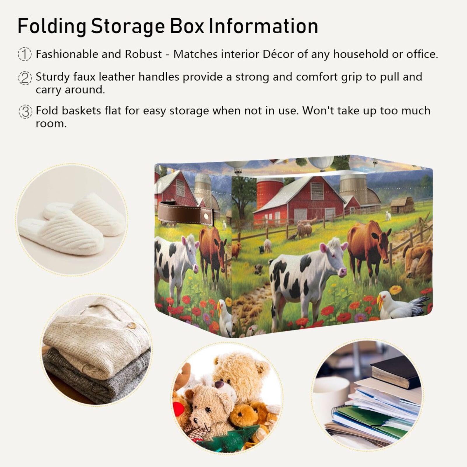 Farm Animals Storage Baskets - Foldable Canvas Fabric Organizer Box with Handles, 2 Pack - Perfect for Home, Office, Closet & Shelf Organization | Great for Toys, Clothes & Decorative Storage