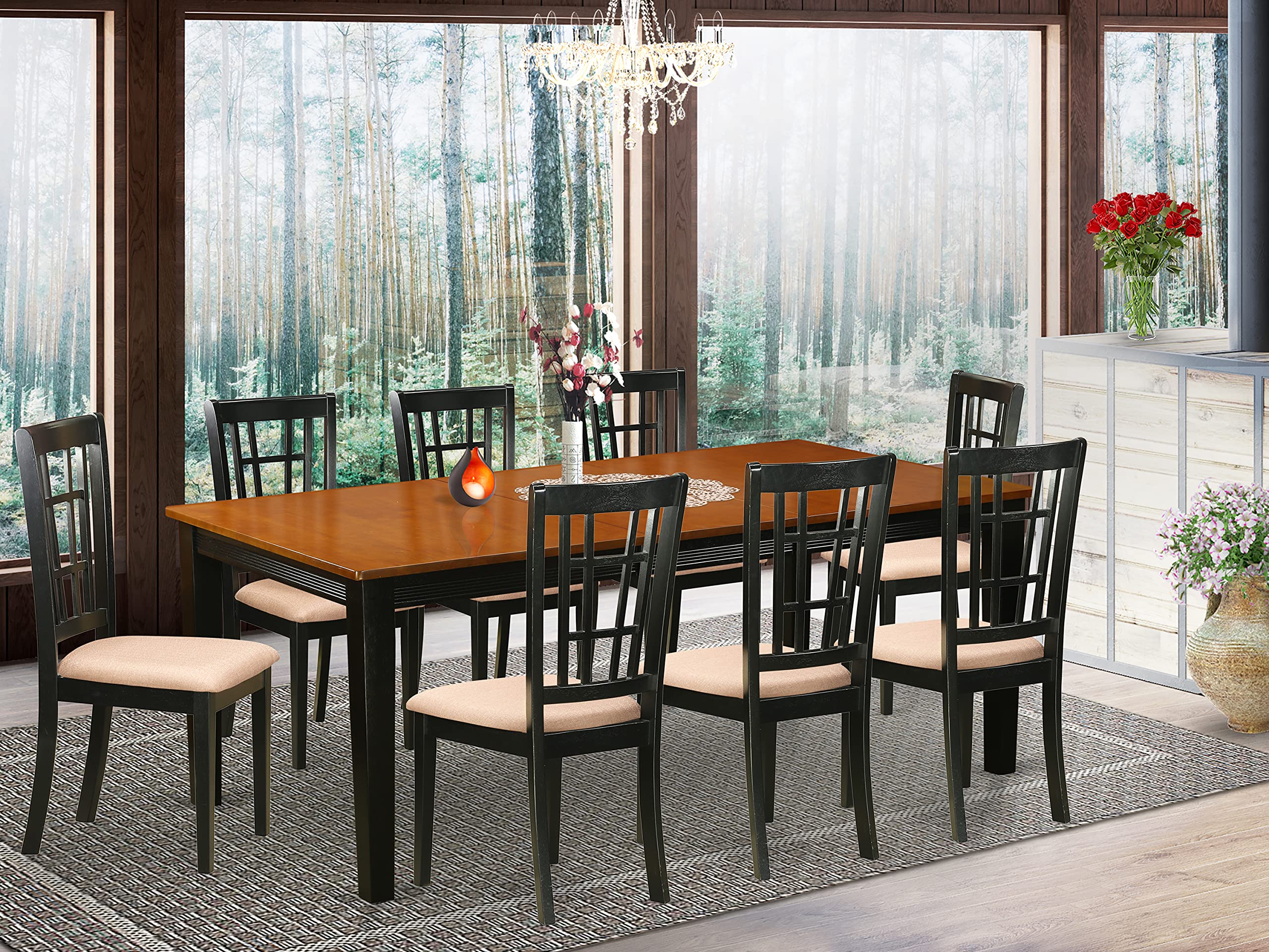 9 PC Dining Set - Solid Wood Dining Table with 8 Chairs for Family Gatherings and Dinner Parties