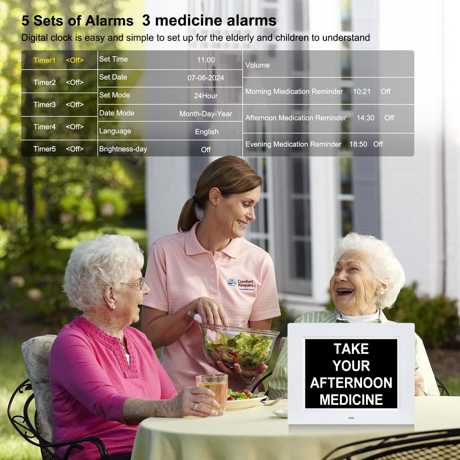 Johnziny 2025 8-Inch Large Digital Clock for Seniors - Easy-to-Read Dementia Clock with Day/Date Display & 8 Alarm Options - Ideal for Elderly Care, Alzheimer's Patients & Memory Support (White) | Perfect for Bedrooms, Nursing Homes & Assisted Living Facilities