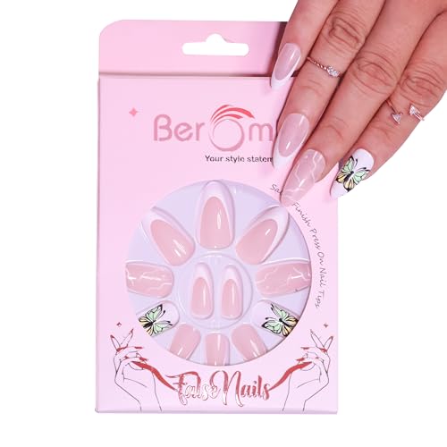 Beromt 12-Piece Everlasting French Tip Artificial Nails Set - Acrylic Full Cover False Nails with Adhesive Stickers & Nail File (BFN309FN) | Perfect for Parties, Weddings & Everyday Glamour