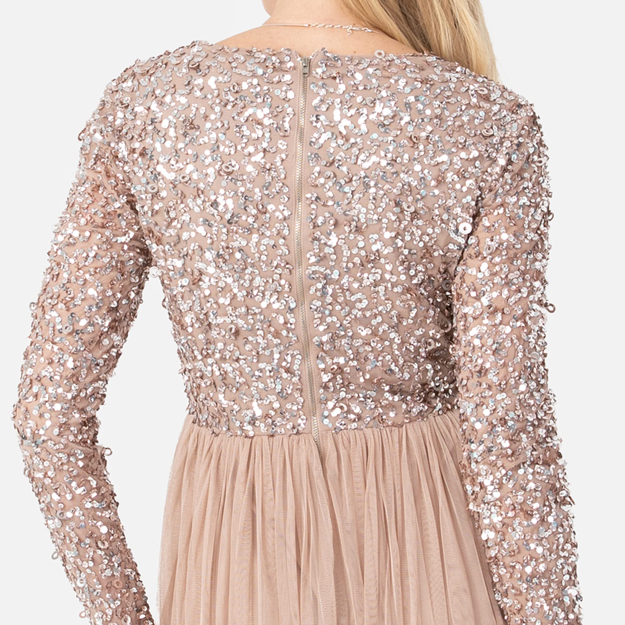 Elegant Maya Deluxe Women's Long Sleeve V-Neck Sequin Maxi Dress for Wedding Guest, Bridesmaid, Prom, Evening Gala & Special Occasions | Formal Party Gown with Embellished Details