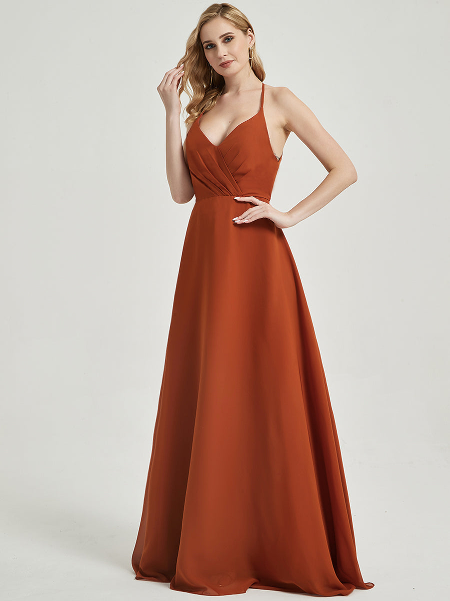 Elegant Burnt Orange Pleated Halter V-Neck Backless Chiffon Bridesmaid Dress - Perfect for Weddings, Formal Events & Evening Parties