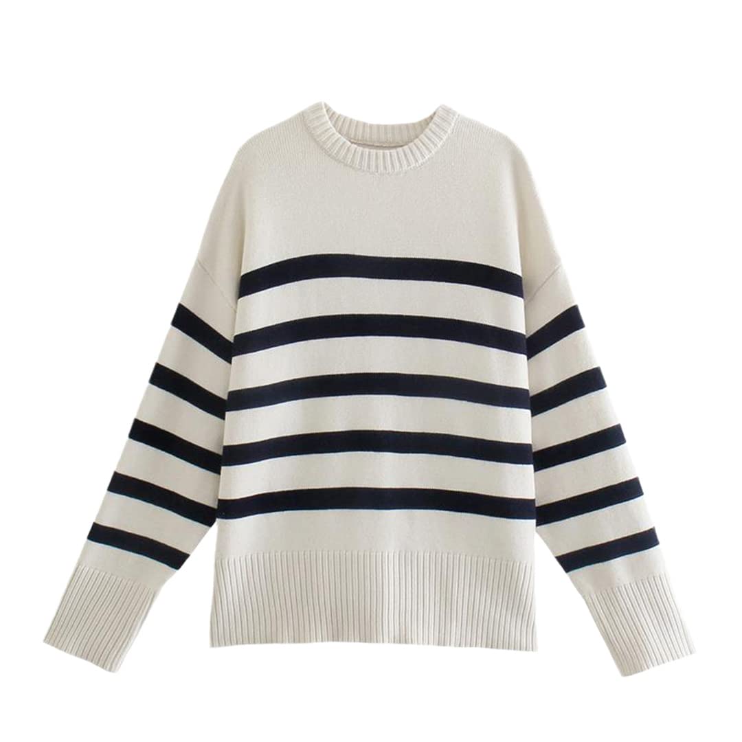 Women's Striped Knit Sweater Pullover - Warm Long Sleeve Winter Fashion Top for Casual Outfits & Holiday Gatherings