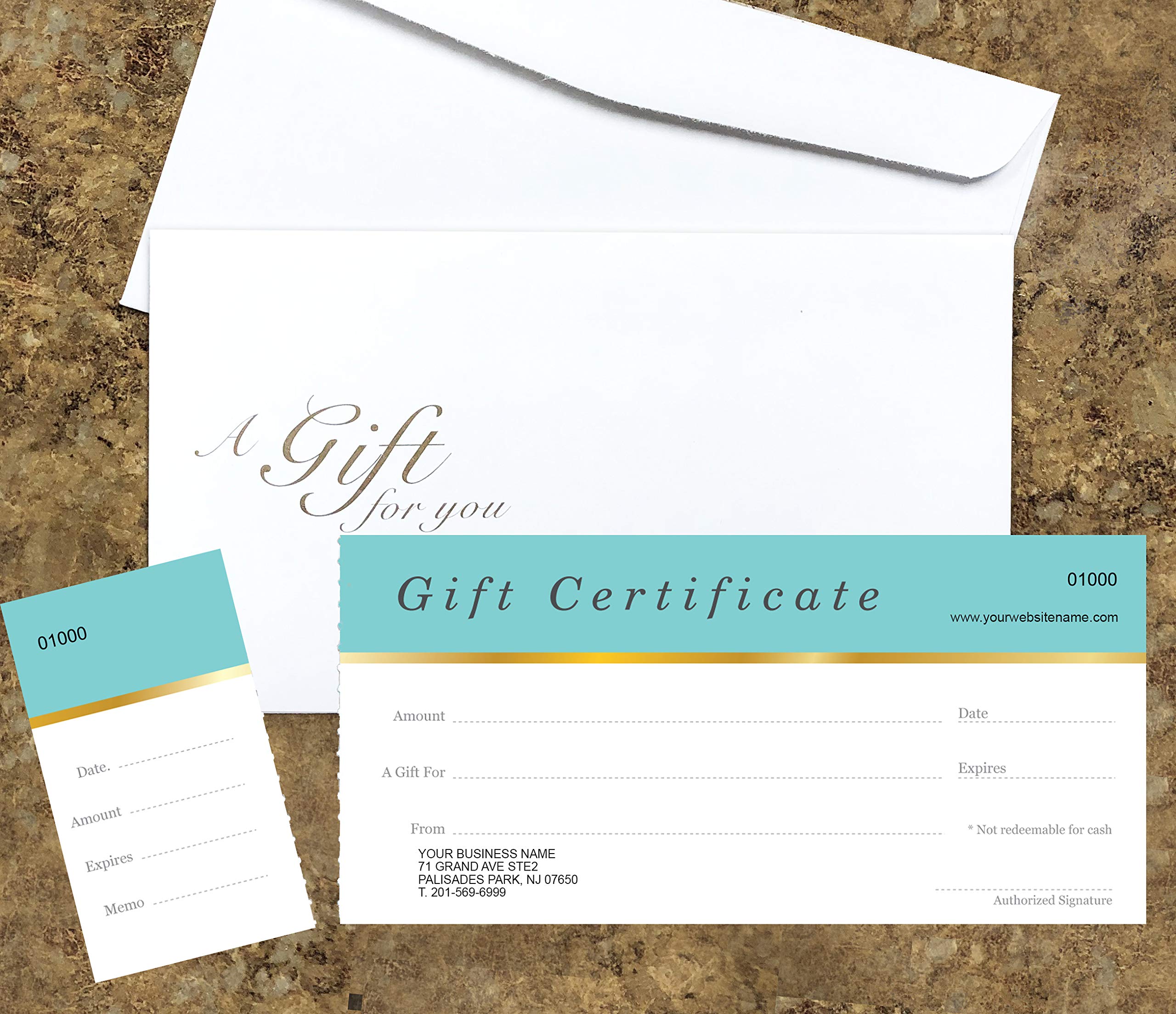 Custom Gift Certificate Cards with Envelopes - 100 Pack Aqua Blue - Personalized Business Gift Vouchers for Retail, Spa & Restaurant Rewards