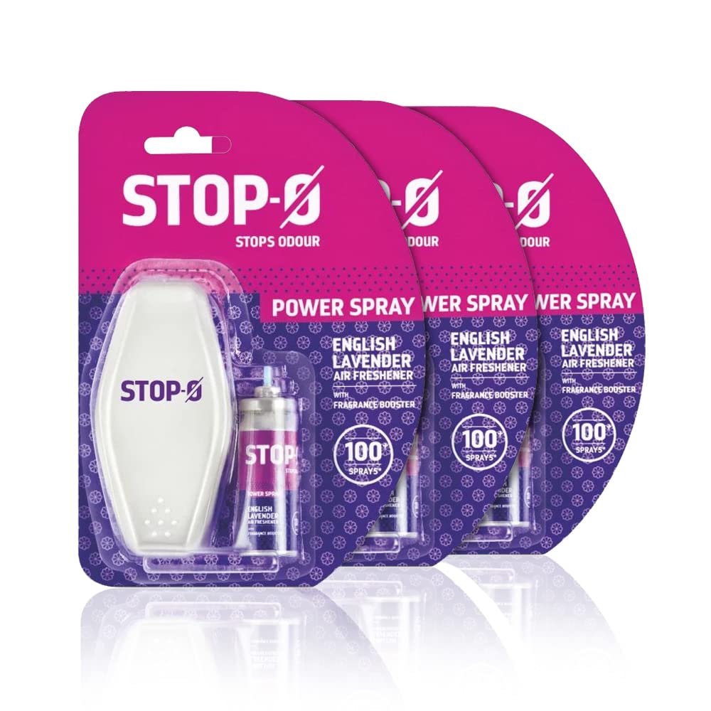 Stop-O One Touch Power Spray - Instant Bathroom & Toilet Freshener with English Lavender Scent (3-Pack: 1 Dispenser + 1 Refill Each) | Quick Odor Eliminator for Home, Office & Travel Use