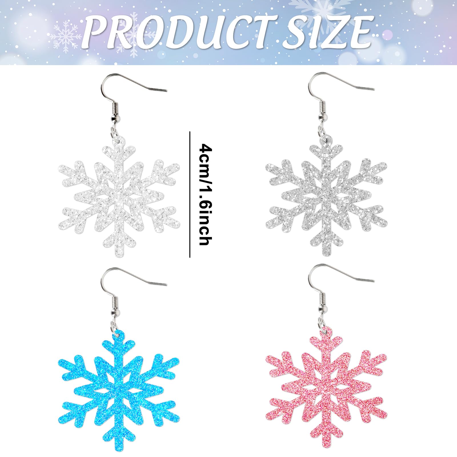 Whaline 4 Pairs Winter Snowflake Acrylic Earrings - Christmas Clear Silver Blue Pink Glitter Dangle Drop Earrings for Women - Holiday Party Jewelry Gift Accessories - Perfect for Christmas, New Year & Winter Celebrations