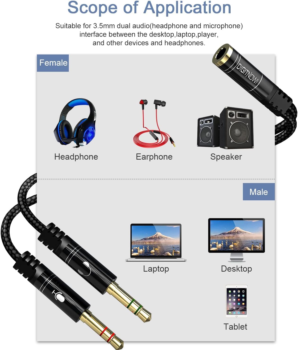 3.5mm Headphone Splitter Cable - Female to Dual Male Audio/Mic Y Splitter Adapter for PC, Laptop, Gaming Headset - Black | Perfect for Online Gaming, Conference Calls & Music Sharing