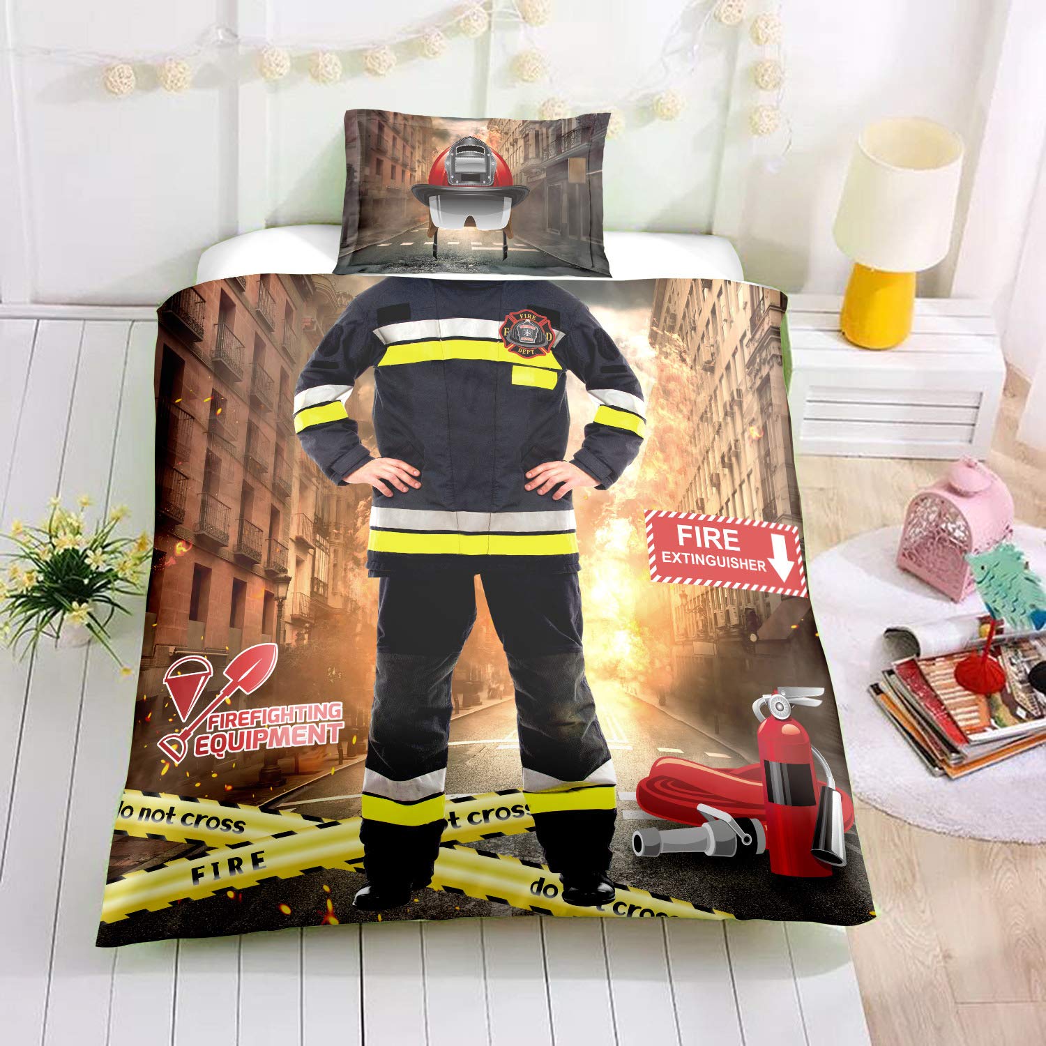 Felu Kids Duvet Cover Set - 3D Printed Fireman Design, Twin Size with 1 Duvet Cover & 2 Pillowcases | Soft & Breathable Bedding for Boys' Room Decor | Perfect for Firefighter-Themed Bedrooms & Kids' Sleepovers