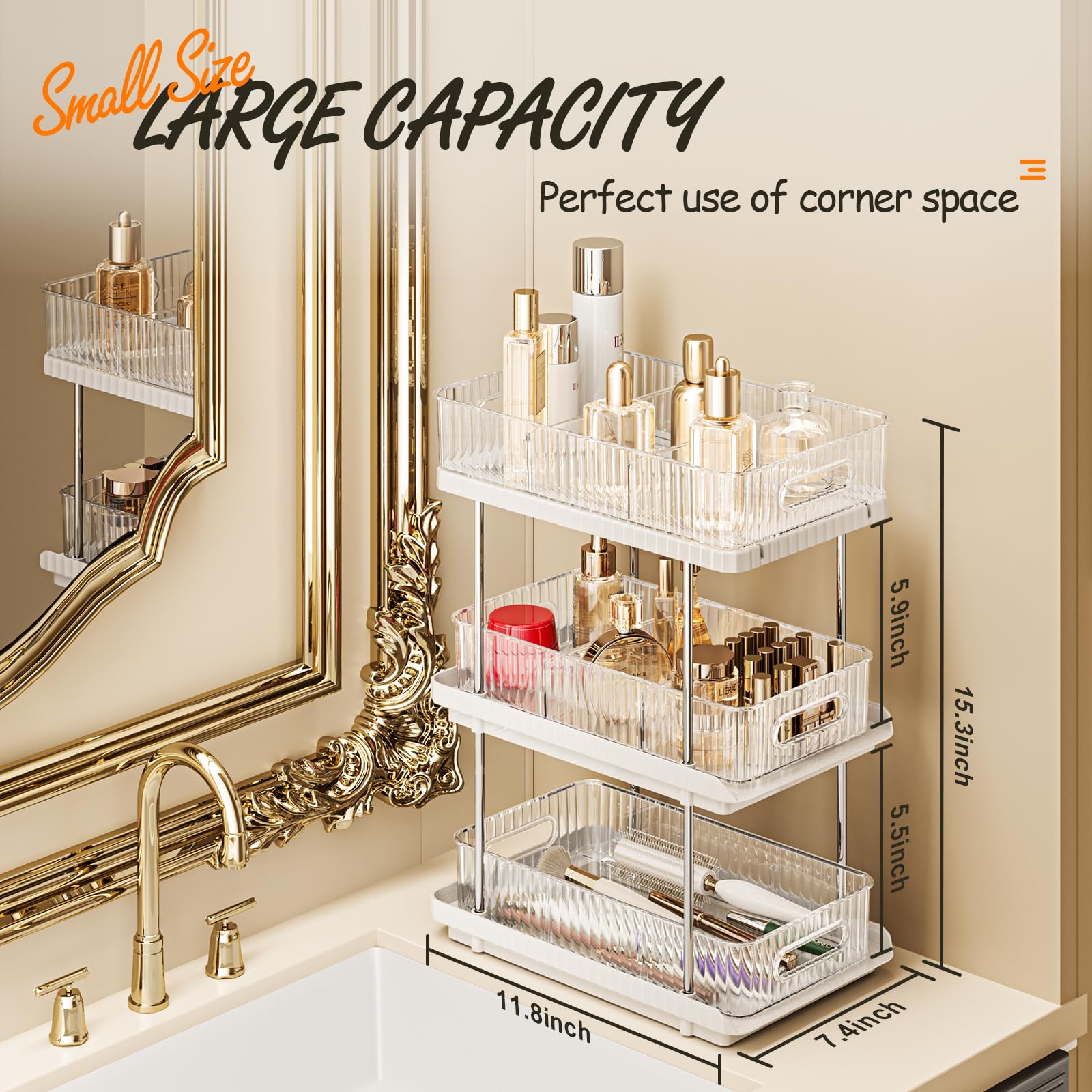 ESTHELLO 3-Tier Bathroom Counter Organizer - Vertical Space Saving Storage Shelf for Small Bathrooms | Vanity Organizer with Multi-Functional Design in Ivory White | Perfect for Makeup, Skincare & Toiletries Organization
