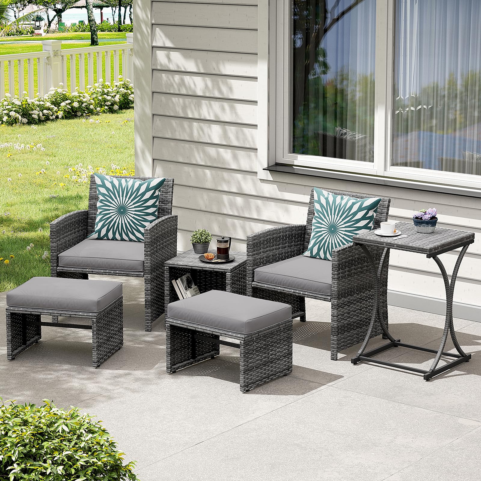 OC Orange-Casual 6-Piece Patio Furniture Set with Ottoman - Outdoor Grey Wicker Chairs & Coffee Table - Balcony Conversation Set for Apartments - Light Grey - Perfect for Backyard Relaxation, Poolside Lounging & Small Space Outdoor Living