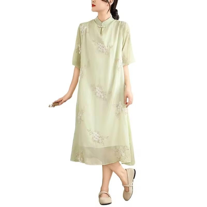 JYHBHMZG Women's Embroidered Linen Summer Dress - Chinese Style Stand Collar Long Sleeve Ethnic Maxi Dress for Casual Wear, Vacation & Cultural Events