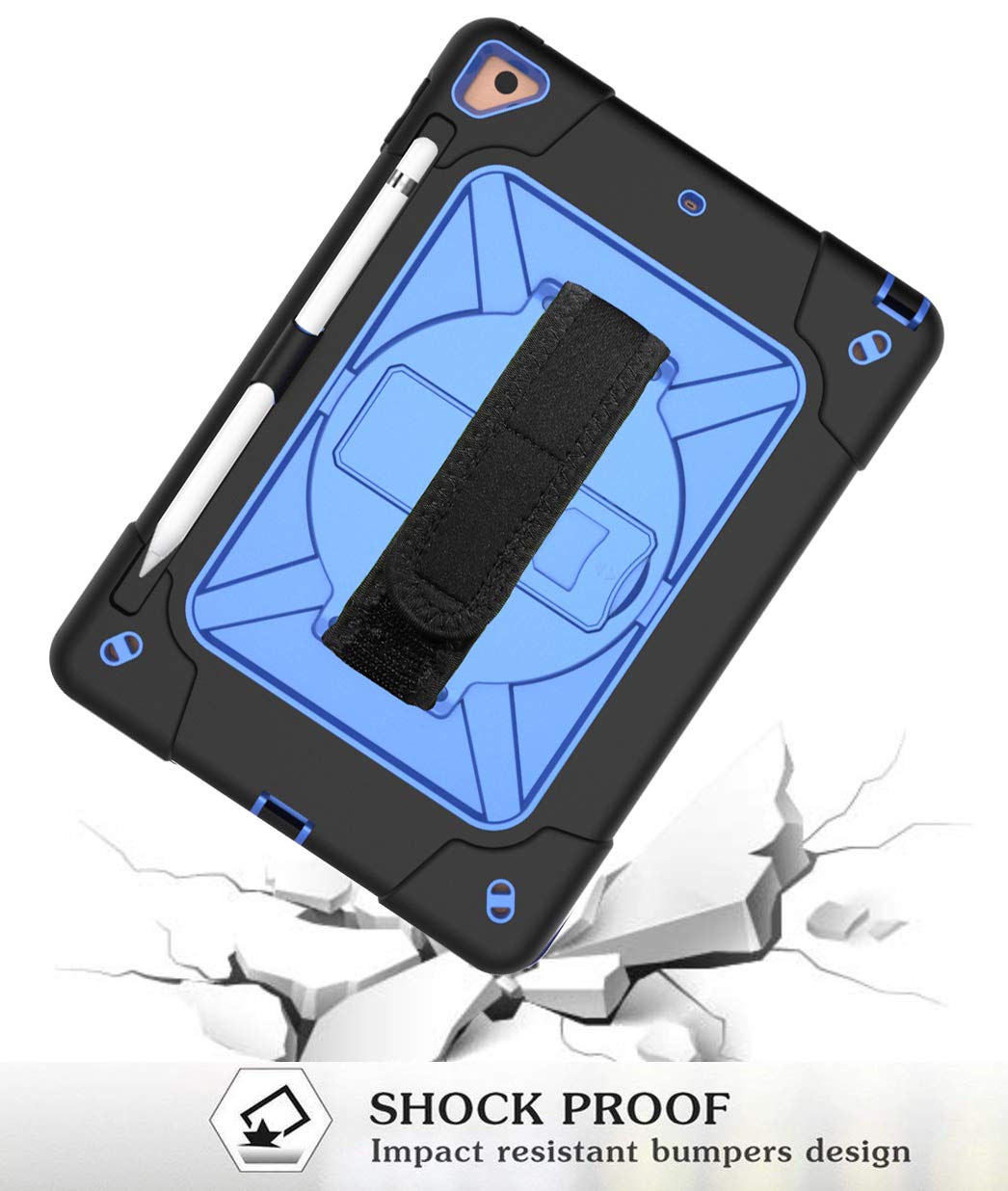 360 Rotating Handle Stand Case for iPad Air 2/Pro 9.7 (2016) & iPad 6th/5th Gen (2017/2018) - Shockproof with Kickstand, Pencil Holder & Shoulder Strap (Black+Blue) | Perfect for Work, Travel & School Use