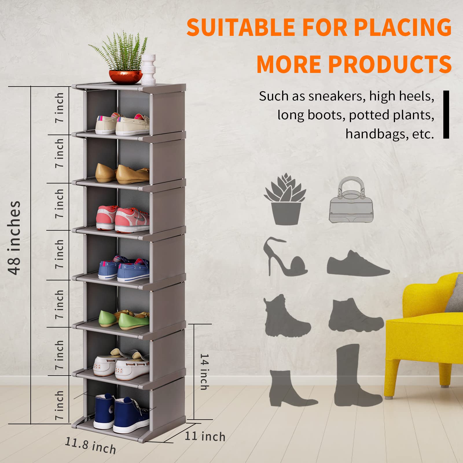 8-Tier Vertical Shoe Rack - Space Saving Narrow Shoe Storage Organizer for Entryway, Closet & Hallway | Sturdy Shoe Shelf for Small Spaces & Apartment Living