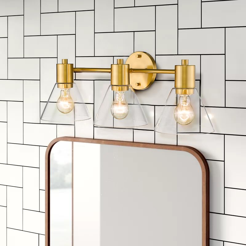 LMS Gold Bathroom Vanity Light Fixtures - 3 Light Modern Bathroom Sconce with Clear Glass Shade, LMS-108 - Perfect for Bathroom, Powder Room and Dressing Room Lighting