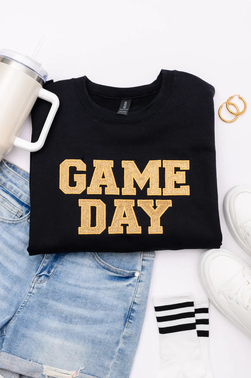 PREORDER: Embroidered Glitter Game Day Sweatshirt - Black & Old Gold | Perfect for Football Tailgates, College Parties & Sports Events