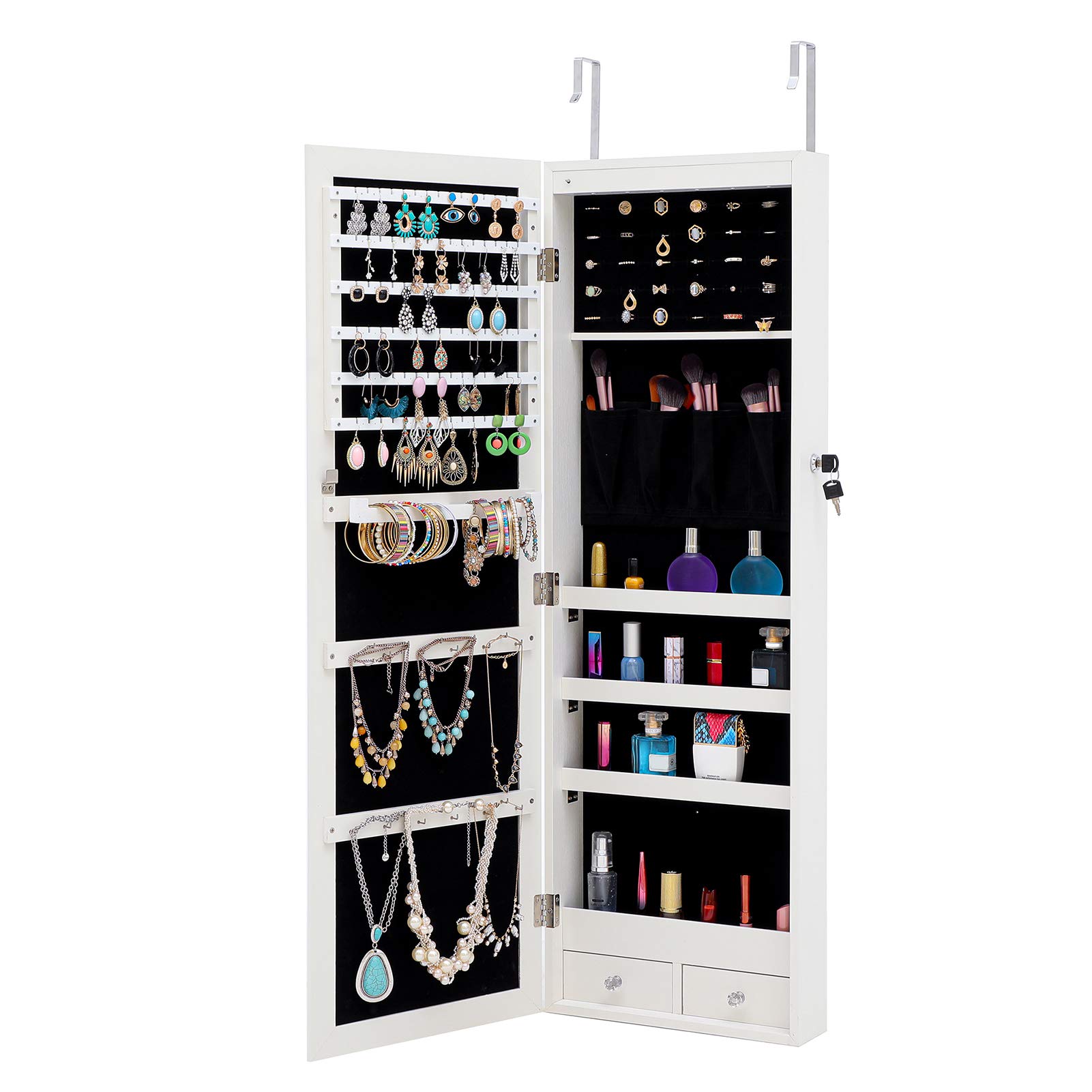 SONGBIRDTH Fashion Jewelry Storage Mirror Cabinet with LED Lights - Jewelry Organizer & Standing Jewelry Box with Full Body Mirror (White) | Perfect for Bedroom, Dressing Room & Closet Organization