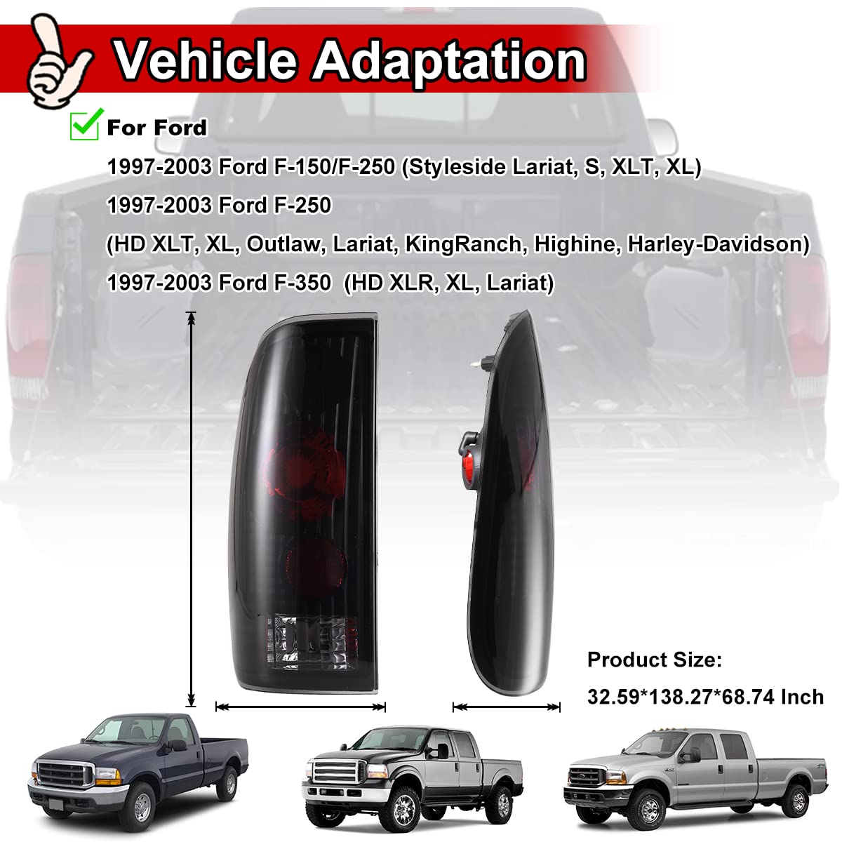 Nixon Offroad LED Tail Lights for Ford F-150 F-250 F-350 (1997-2003) - Matte Black Housing with Smoke Lens - Direct Replacement Halogen Tail Lamps Assembly (1 Pair) - Perfect for Off-Roading, Truck Upgrades & Nighttime Driving Safety