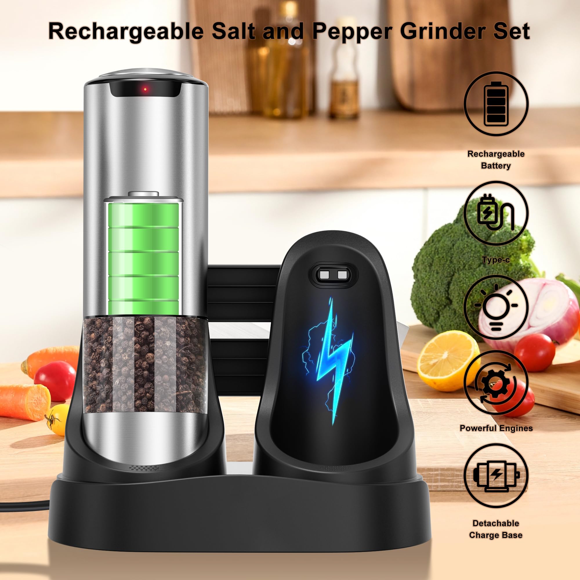 Electric Salt and Pepper Grinder Set - USB-C Rechargeable Automatic Mill with Adjustable Coarseness & LED Light - One-Hand Operation for Kitchen, Restaurant, Camping & Outdoor Cooking