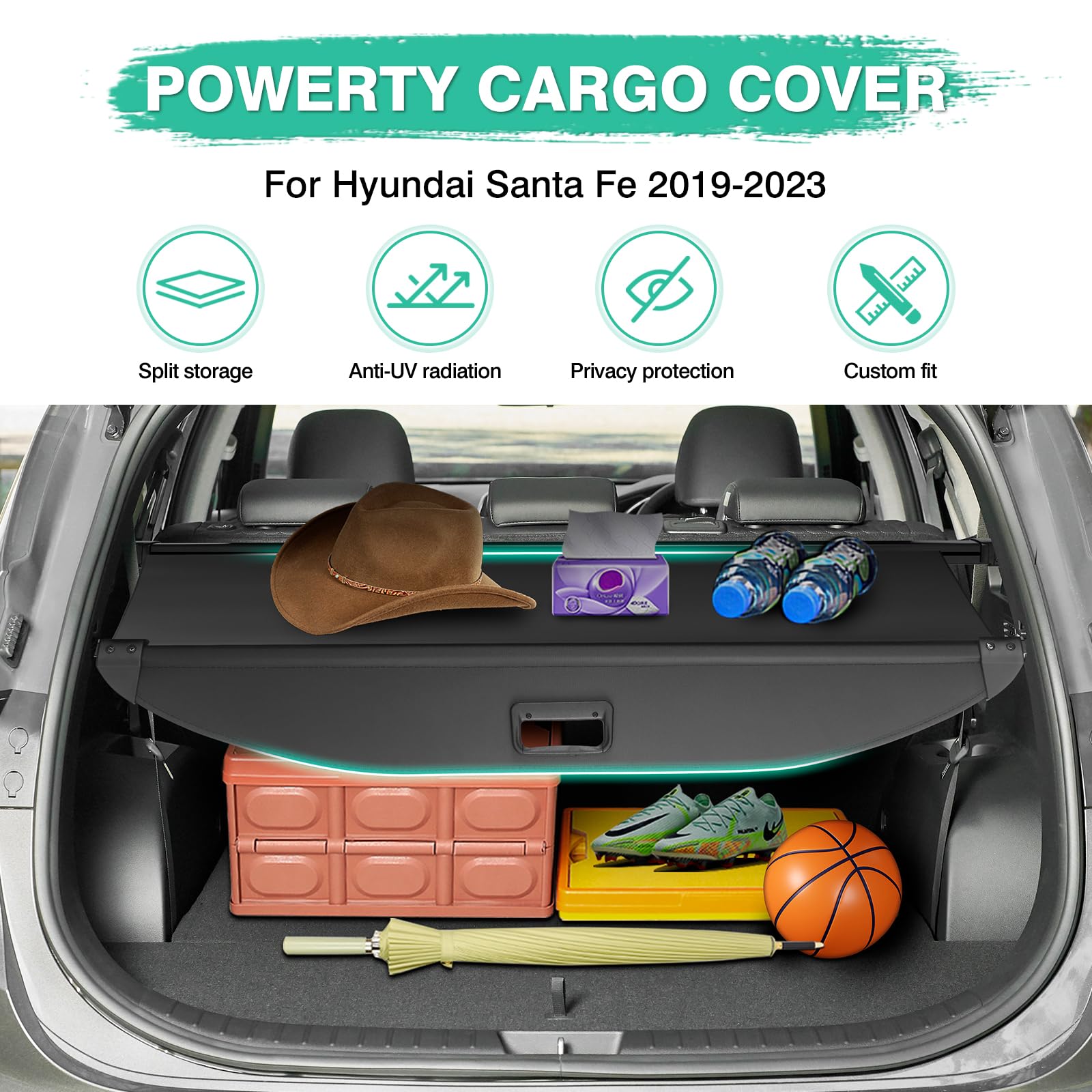 2019-2023 Hyundai Santa Fe Retractable Cargo Cover - Black Trunk Shade & Tonneau Security Cover for 5-Seat SUV | Perfect for Road Trips, Grocery Protection & Vehicle Security