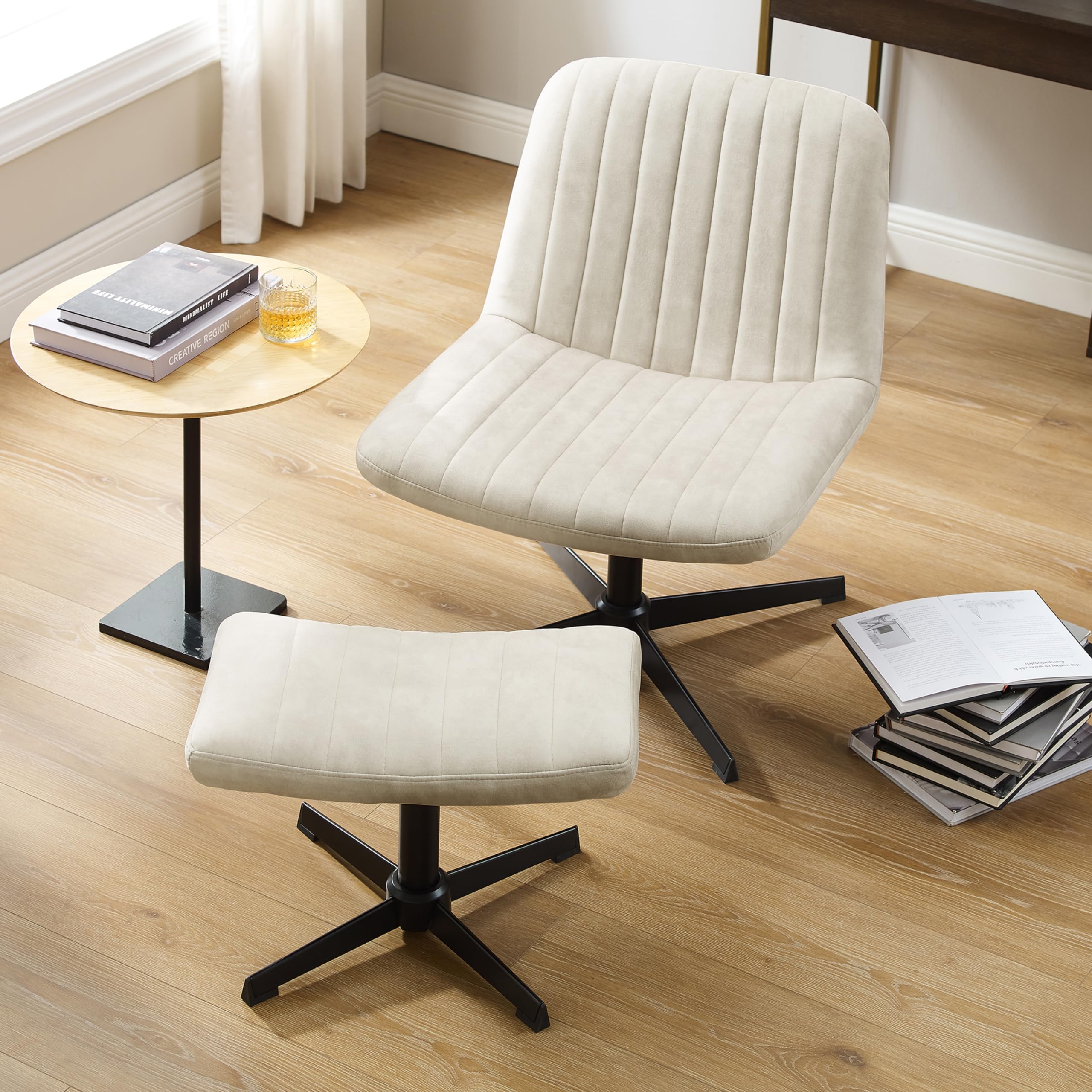 Art Leon Criss Cross Chair with Ottoman & Pillow - Armless Modern Swivel Office Desk Chair, No Wheels, Height Adjustable Mid Back Wide Seat Computer Task Vanity Chair for Home Office - Off White | Perfect for Small Spaces, Reading Nooks & Makeup Stations