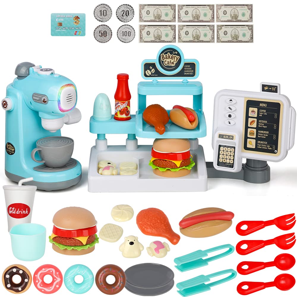 Junior Kids Barista Coffee Play Set with Donuts - Mini Barista Shop & Cash Register Toy for Toddlers, Girls & Boys | Pretend Play, Role-Playing & Early Learning Fun