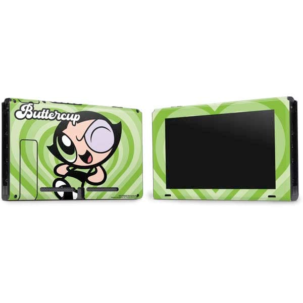 Officially Licensed Powerpuff Girls Buttercup Green Hearts Skin Decal for Nintendo Switch - Cartoon Network Gaming Accessory | Perfect for Switch Console Protection & Personalization