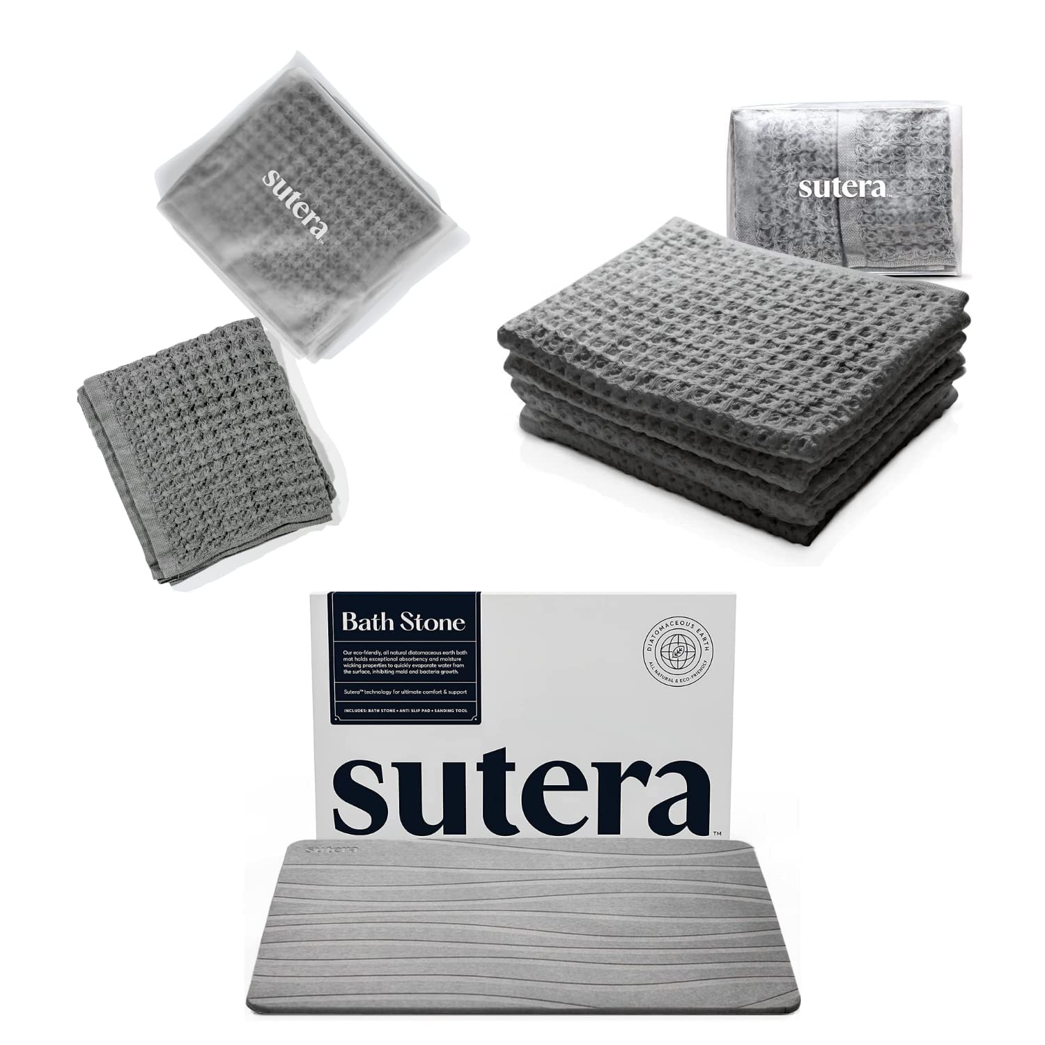 SUTERA - Non-Slip Stone Bath Mat Set with Waffle Bath Towel & Hand Towel, Soft & Absorbent, Gray - Perfect for Bathroom, Spa, and Luxury Home Decor