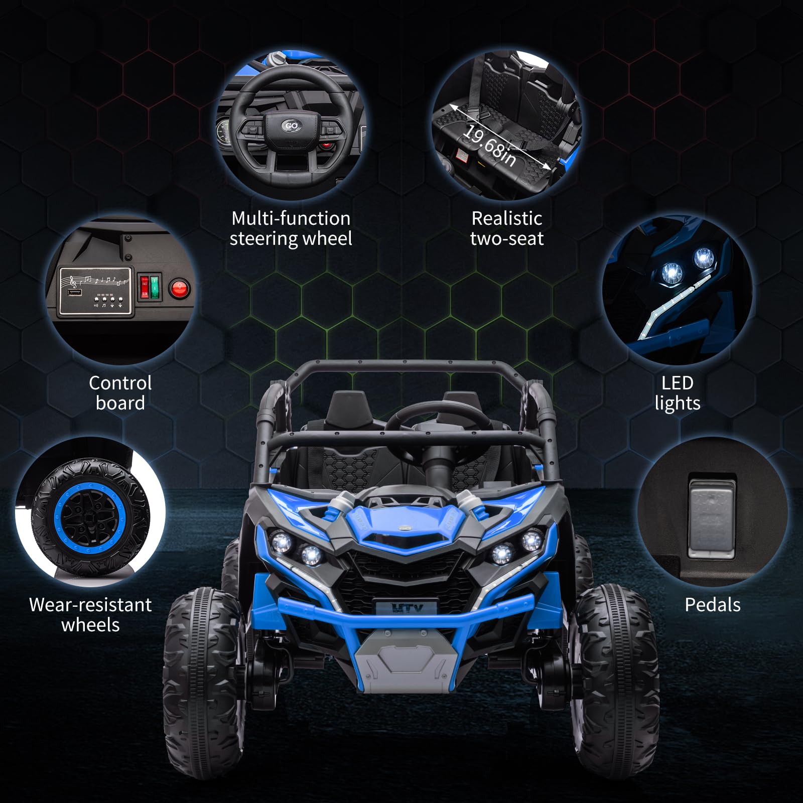 **GARVEE 24V Kids Ride-On UTV - 2 Seater 4WD Electric Truck with Remote Control, High/Low Speed, LED Lights & Shock Absorbers - One-Click Start & Music Player (Blue) - Perfect for Outdoor Play & Backyard Adventures**