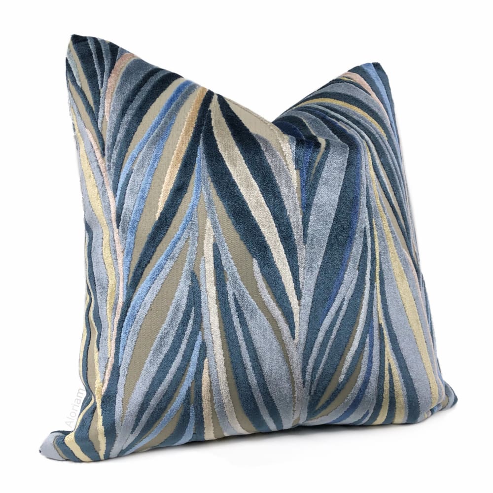 Bjorn Blue Beige Chevron Swirl Velvet Pillow Cover - Soft Decorative Throw Pillow Case for Sofa, Bed, Couch - Home Decor & Living Room Accessories