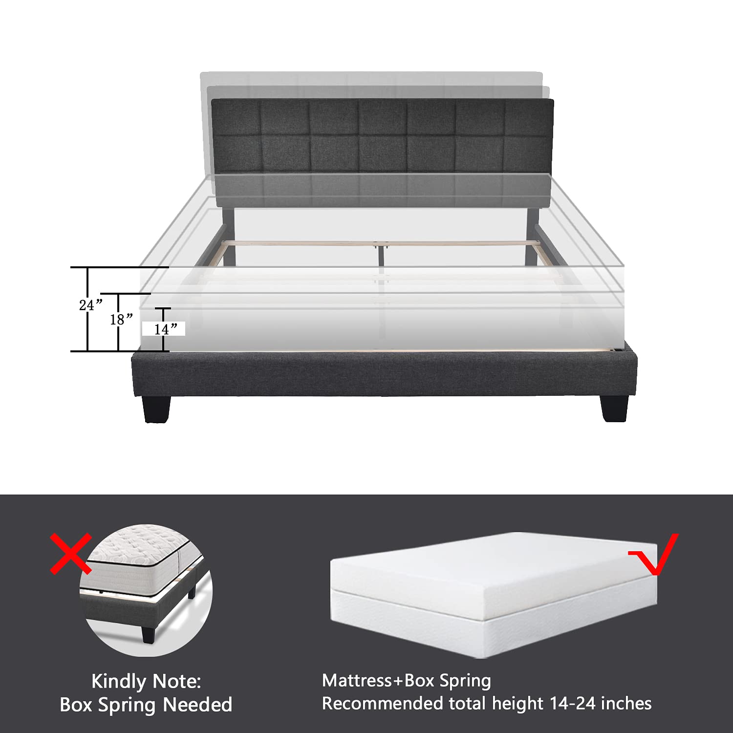 Allewie Full Size Panel Bed Frame with Adjustable Upholstered Headboard - Dark Grey Fabric Platform Bed for Master Bedroom, Guest Room & Dorm - No Box Spring Needed, Sturdy Metal Slat Support
