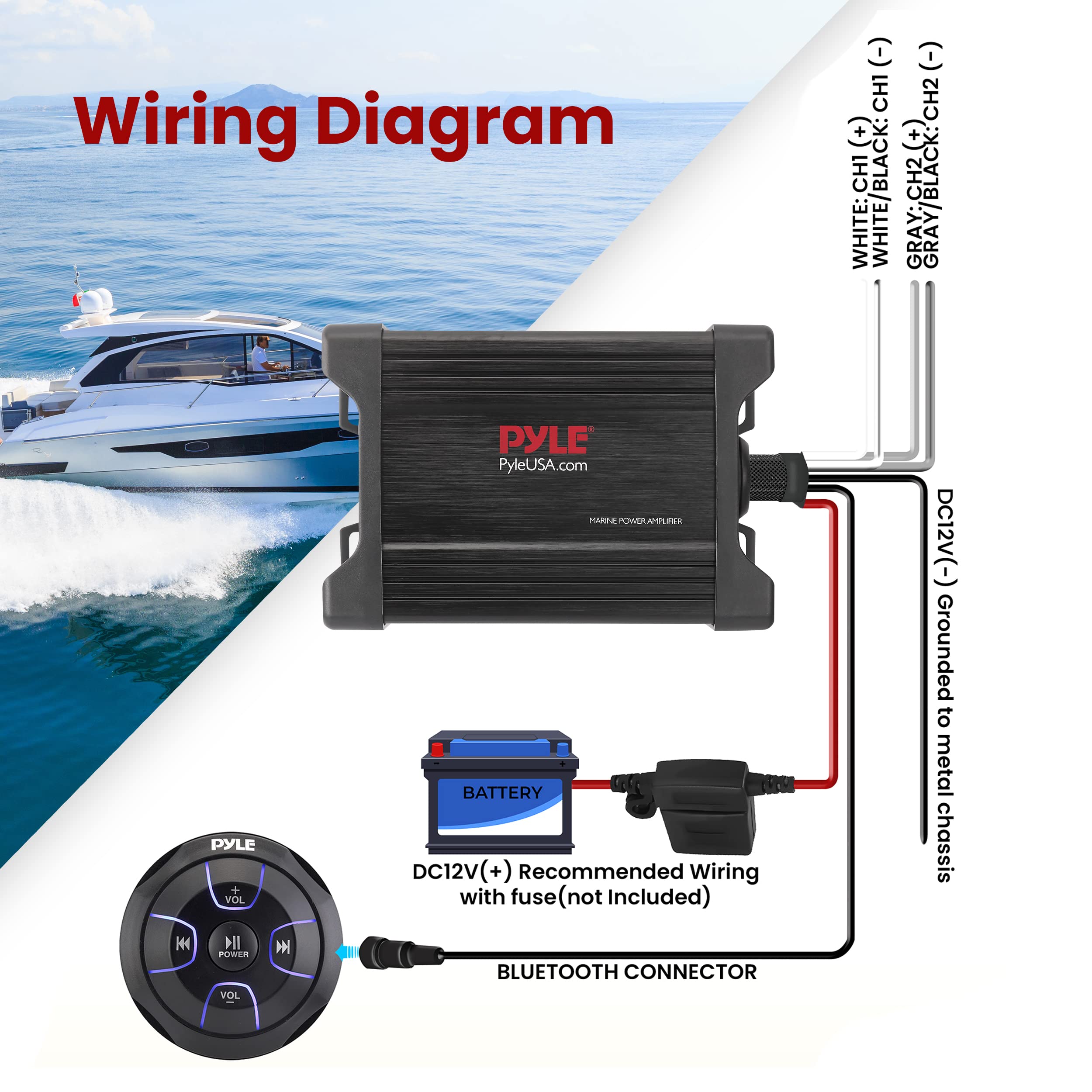 Pyle Waterproof Bluetooth Marine Amplifier Receiver - 600W 2 Channel Weatherproof Wireless Stereo Speaker Amp with RCA, AUX & MP3 Inputs - Ideal for Boats, Outdoor Events & Marine Audio Systems (Black)
