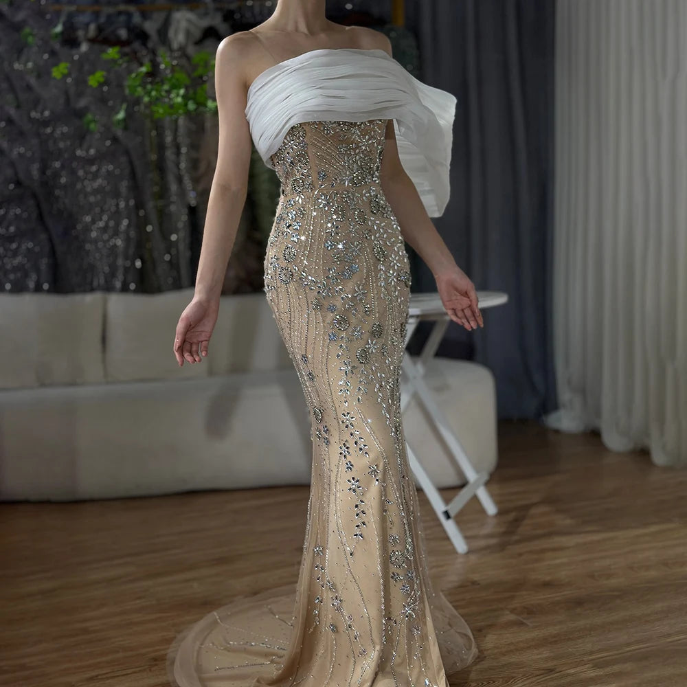 Luxury Dubai Nude One Shoulder Split Saudi Arabic Evening Gown Beaded Dress for Formal Occasion LA72746 - Elegant Formal Wear for Weddings, Galas & Special Events