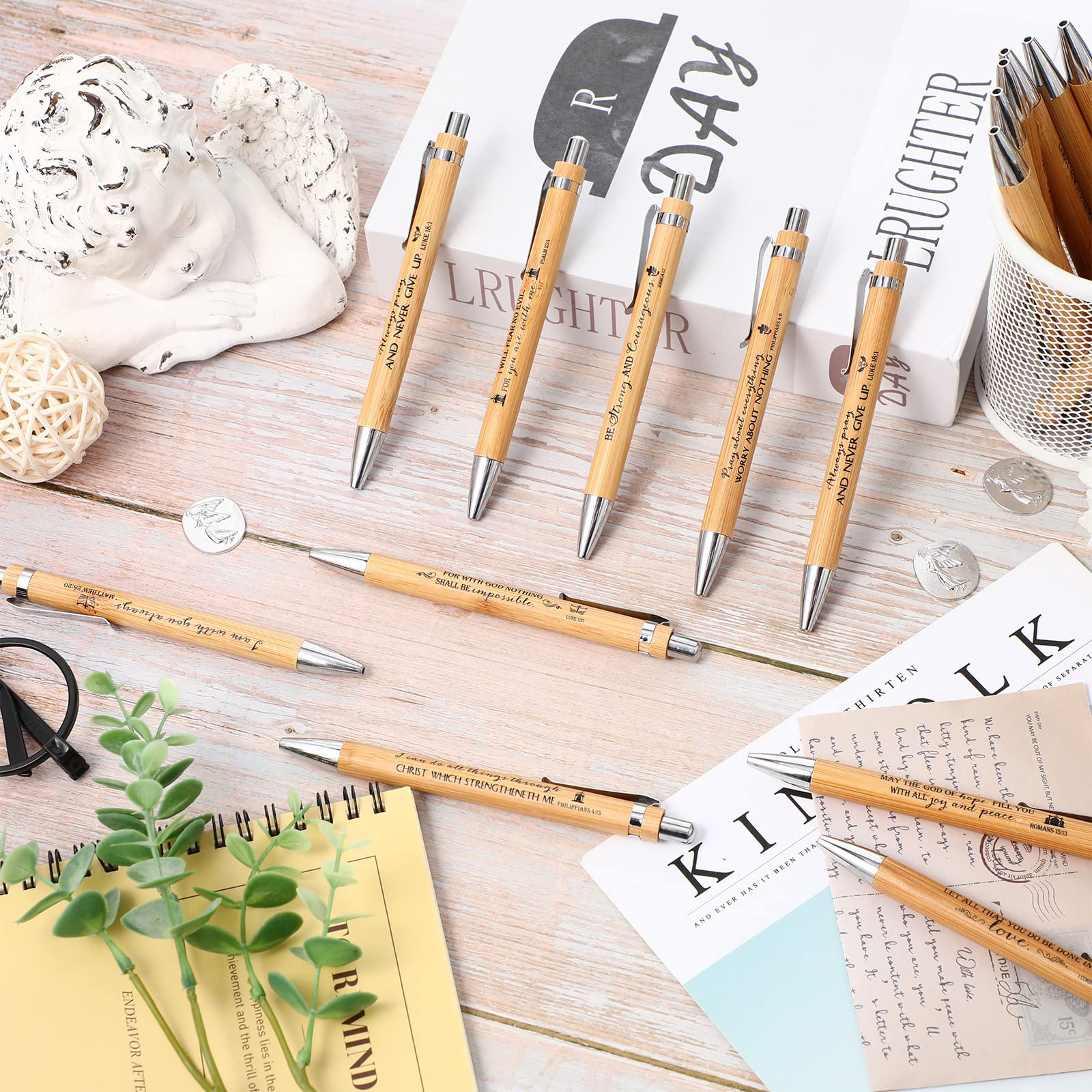30 Pcs Bible Verse Bamboo Pens - Inspirational Christian Wooden Retractable Ballpoint Pens with Motivational Quotes - Bulk Office School Supplies for Women & Men - Perfect for Employee Gifts, Church Events & Daily Writing