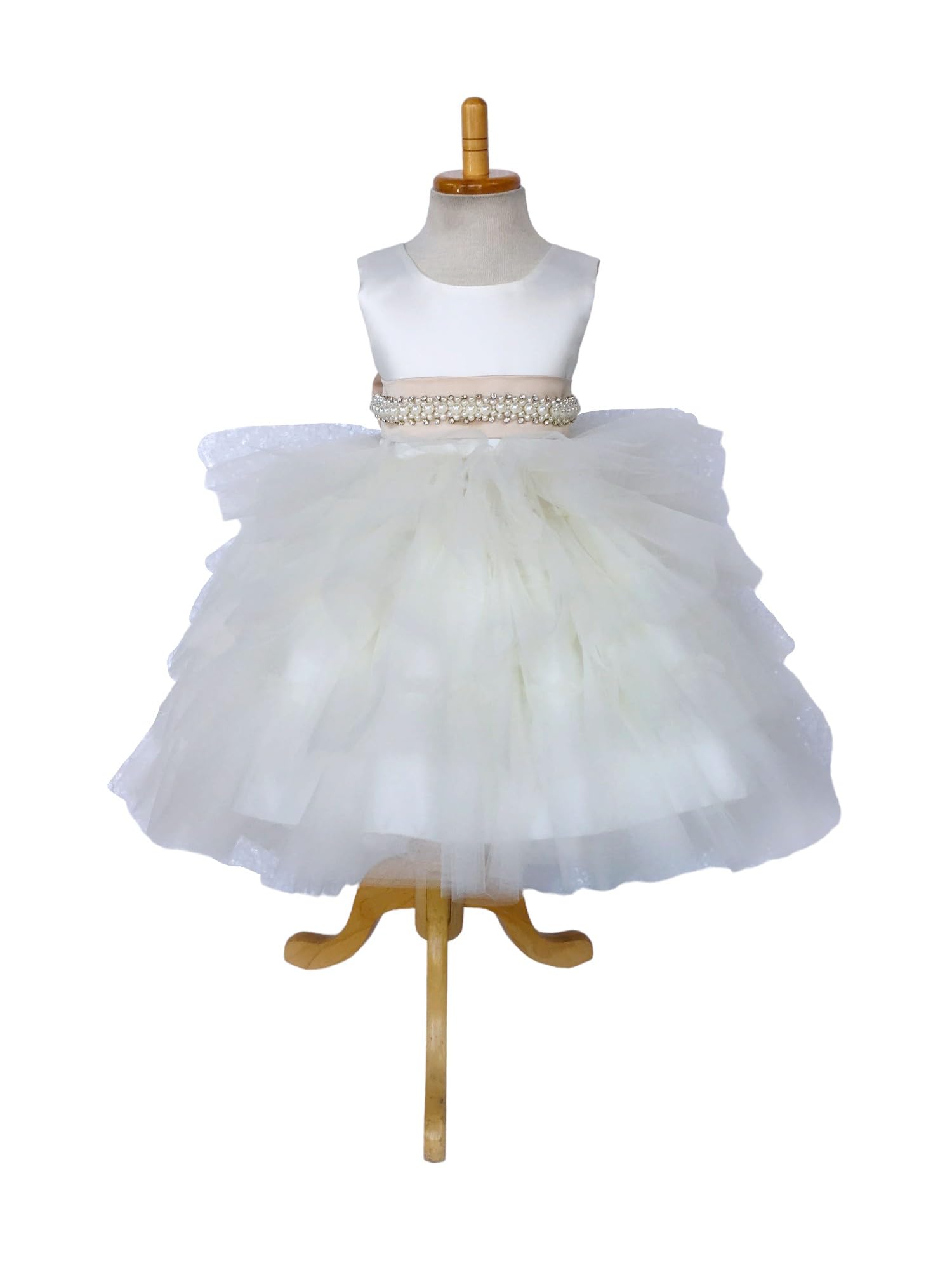 Ivory Sleeveless High-Low Tulle Flower Girl Dress with Ruffle Trim - Perfect for Weddings, Birthday Parties & Special Occasions (Size 16, Champagne Accessories Included)
