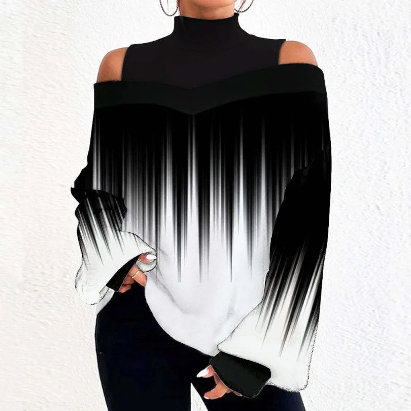 2024 Women's Long Sleeve Turtleneck Tops - Sexy Off Shoulder Hollow Out Loose Print T-Shirt | Autumn Fashion Casual Wear for Date Night, Office & Weekend Outfits