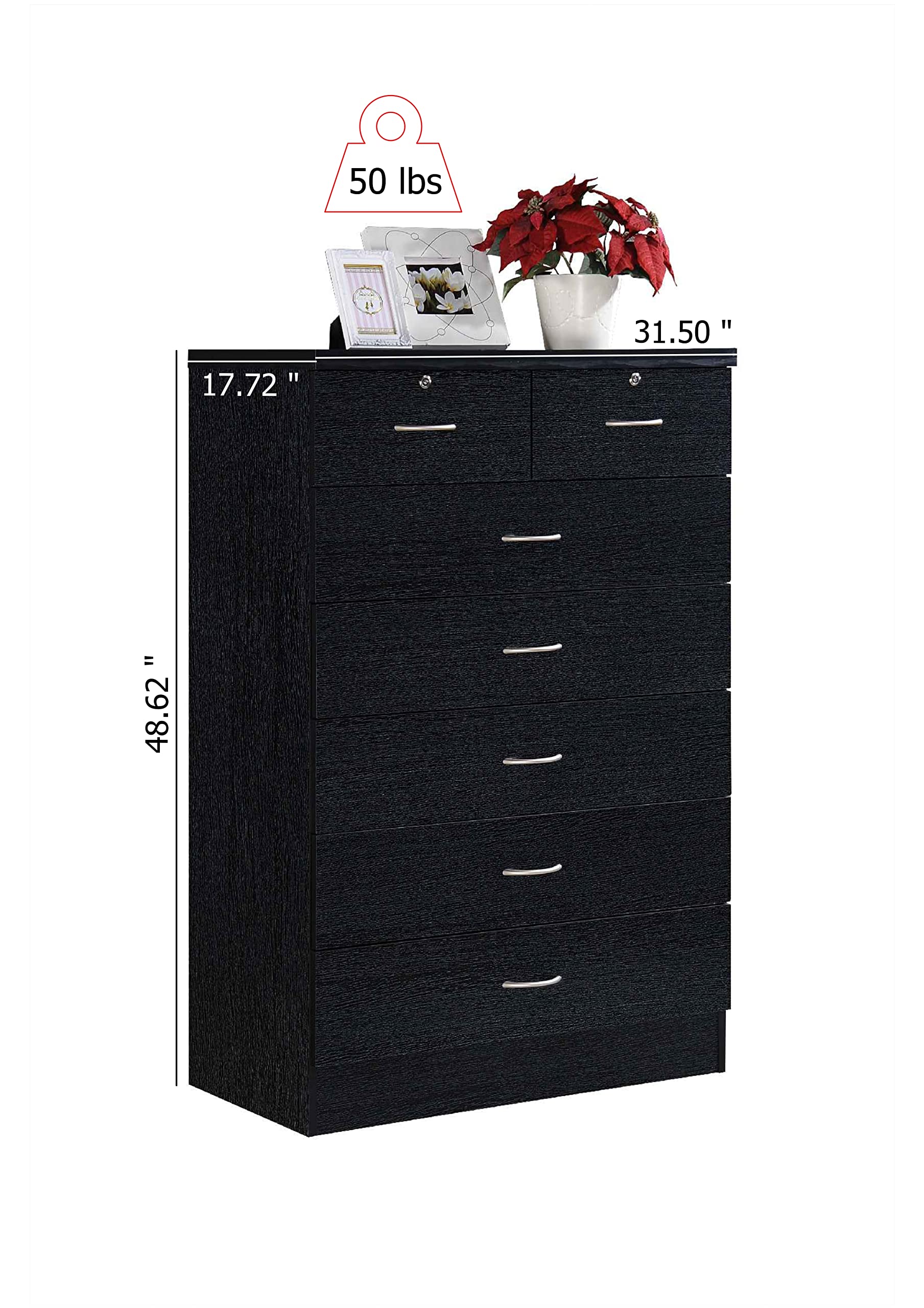 HODEDAH 7-Drawer Wooden Dresser for Bedroom, 31.5-Inch Wide Chest of Drawers with Locking Top Drawers - Black Storage Organizer for Clothes, Perfect for Master Bedroom, Guest Room or Dorm Organization