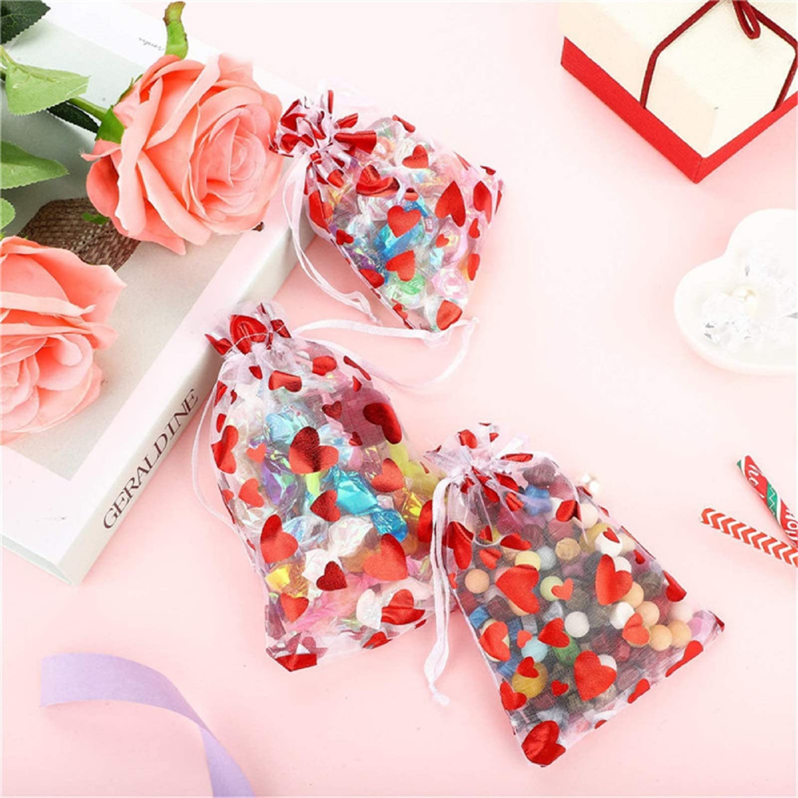 50Pcs Valentine's Day Love Candy Gift Bags - Heart Shaped Wedding Favor Pouches & Jewelry Drawstring Bags for Valentine's Day, Weddings, Anniversaries, Bridal Showers & Party Favors