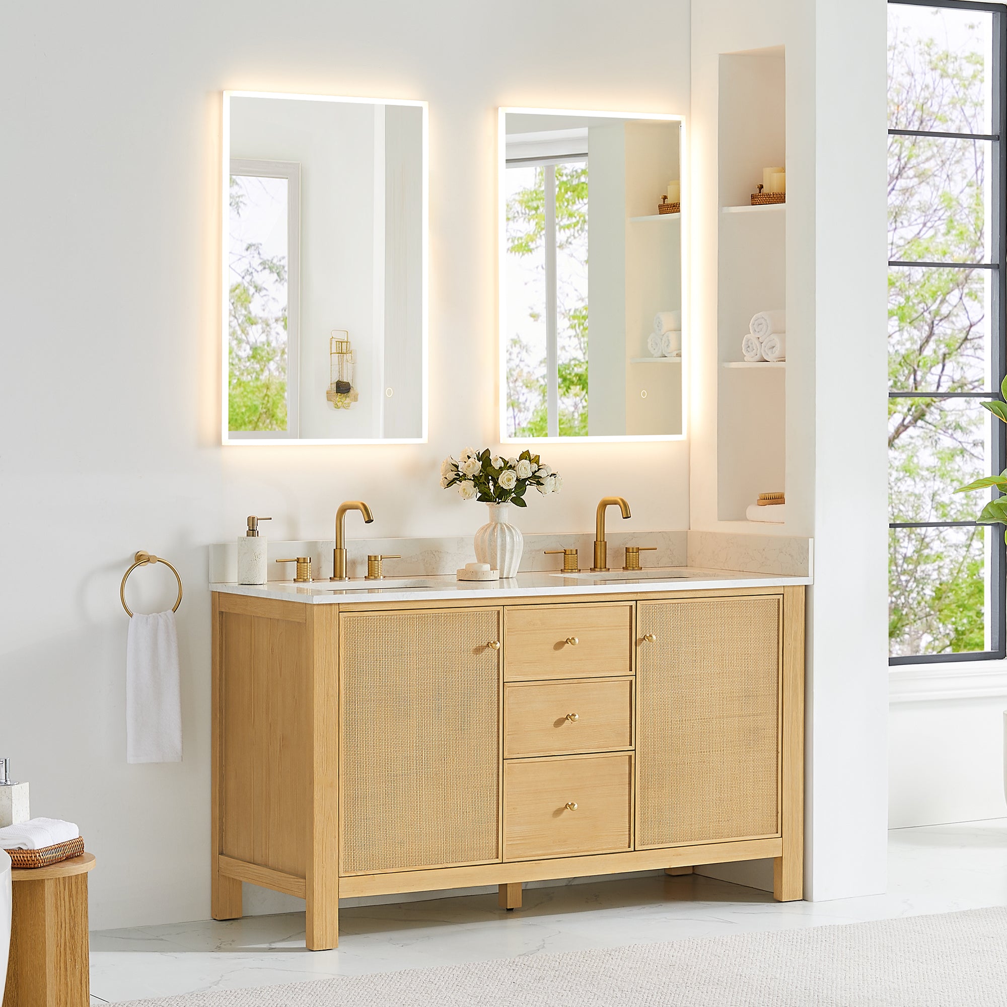 Natural Cedar Wood Bathroom Vanity with White Engineered Stone Countertop - Rustic Farmhouse Style for Modern Bathrooms, Perfect for Home Renovation & Spa-Like Retreats