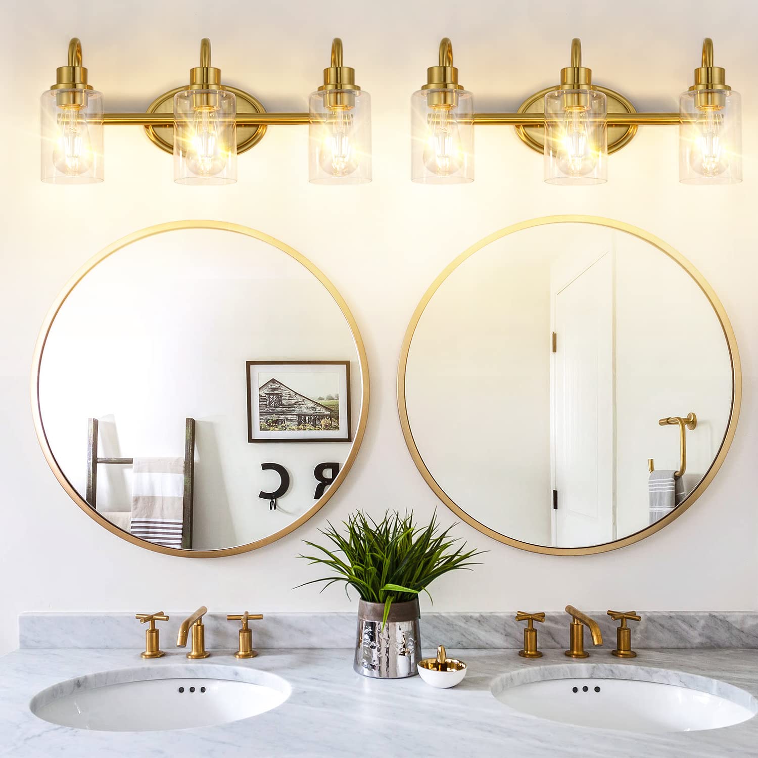 Modern 3-Light Brushed Brass Vanity Light Fixture with Clear Glass - Gold Bathroom Lighting for Mirrors & Vanities, Dimmable LED Compatible - Perfect for Bathroom, Powder Room & Kitchen Decor