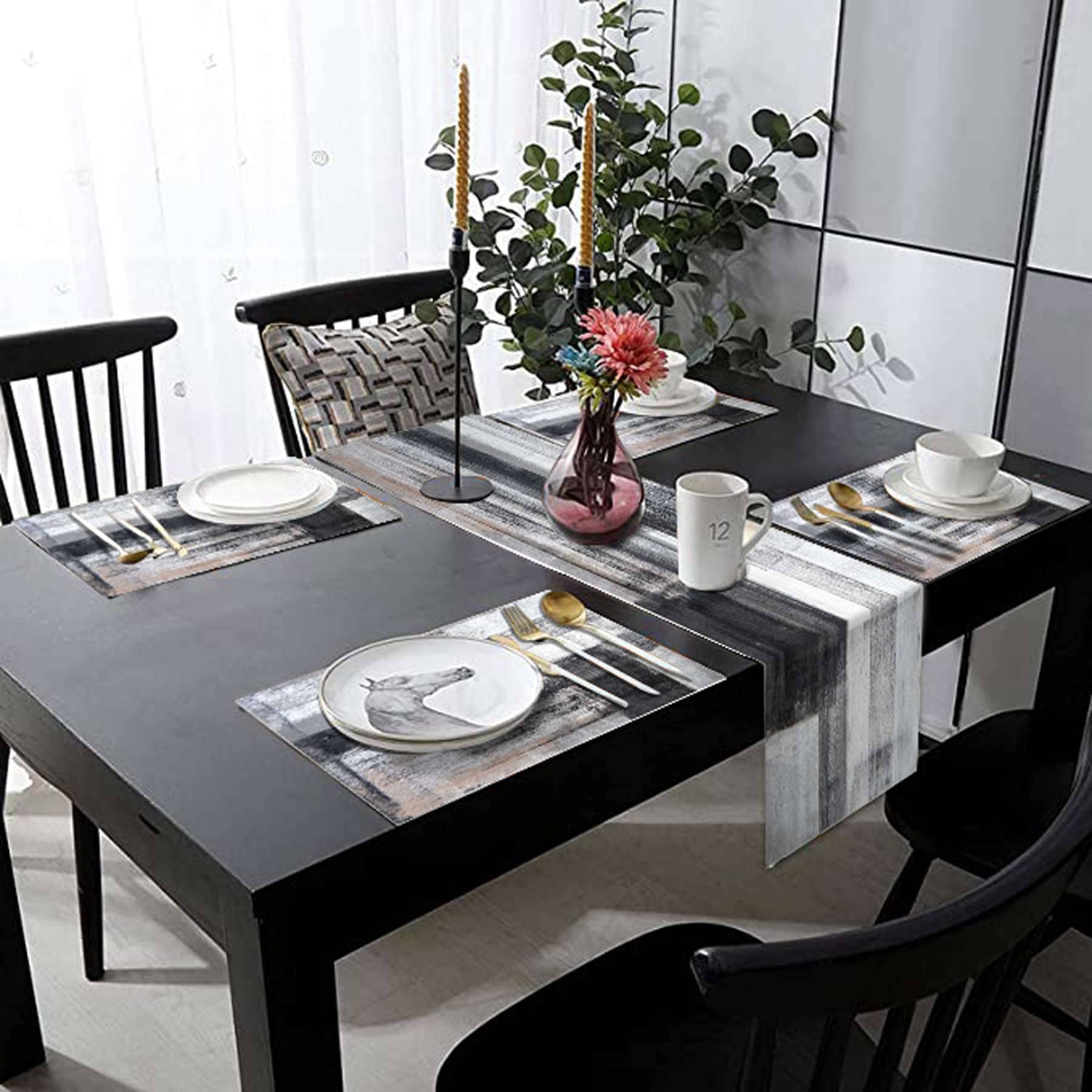 Modern Black & Grey Table Runner and 6-Piece Placemats Set - Abstract Black White Gray Pink Linen Dining Table Mats - Washable Ivory Table Decor (70 Inches Long) - Perfect for Dinner Parties, Weddings & Home Decor