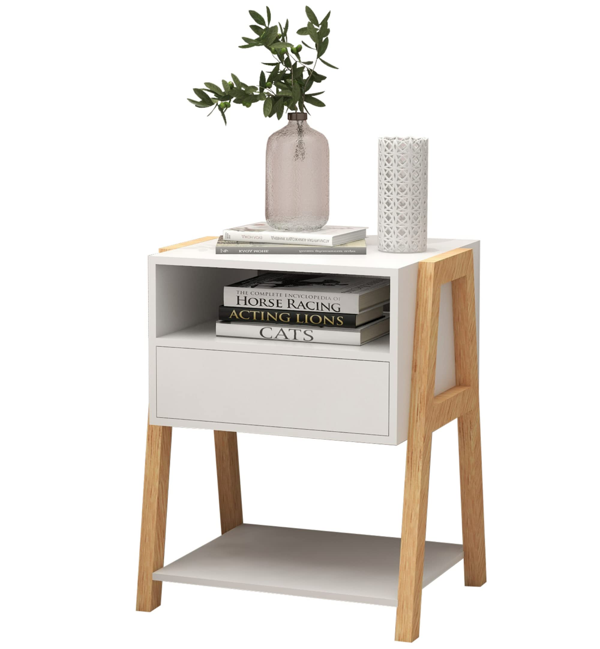 UYIHOME White Nightstand with Drawer and Open Shelf - Solid Rubber Wood End Table, Bedside Table for Bedroom, Living Room & Office - Compact Night Stand with Storage (1 Pack) - Perfect for Small Spaces, Apartment Decor & Guest Rooms