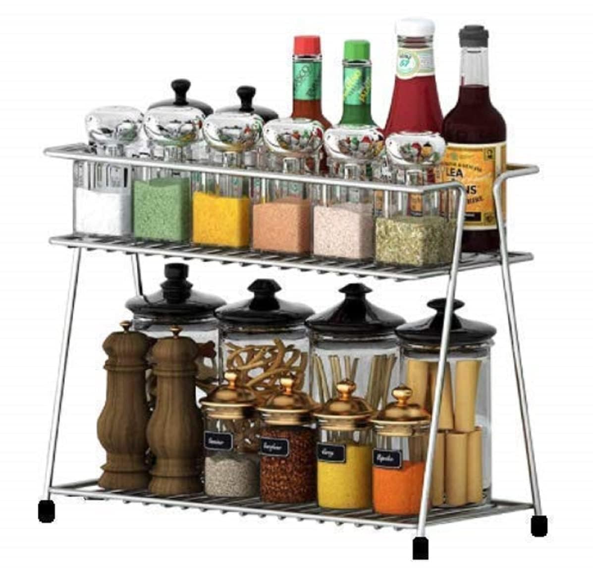 Stainless Steel Kitchen Rack 2-Tier Organizer, Countertop Corner Storage Shelf for Spices, Utensils, and Cookware, Space-Saving Kitchen Solution (33x15x26cm, Silver)