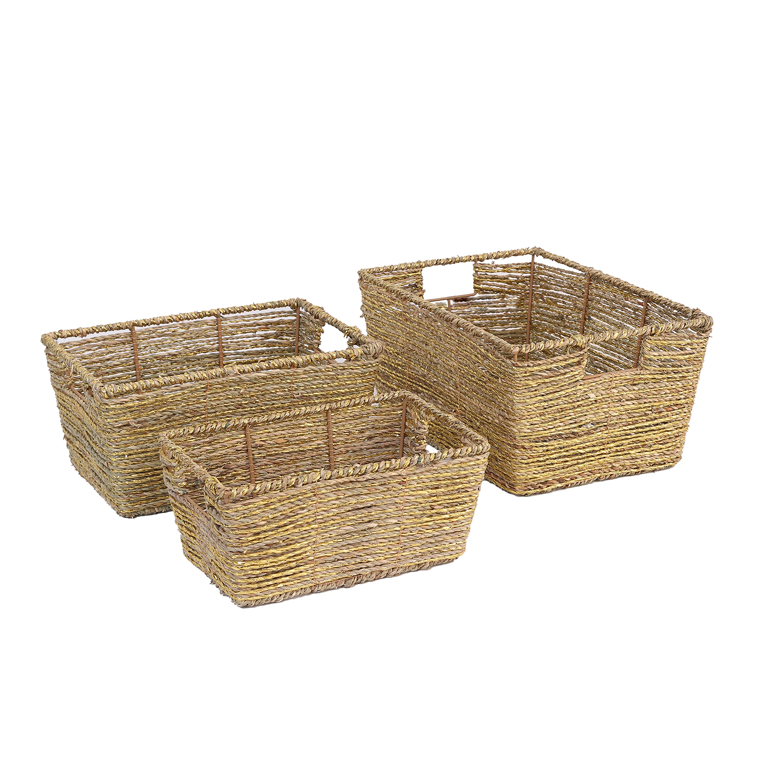 OneDesign Woven Seagrass Storage Baskets - Set of 3 Small Natural Fiber Organizer Bins for Closet, Shelf, Cabinet & Drawer - Home Decor Storage for Clothes, Toys, Books (Gold) - Perfect for Nursery, Bathroom & Living Room Organization